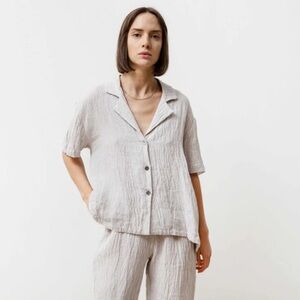 PRIORY Bowling Shirt in Silver Linen Size M/L